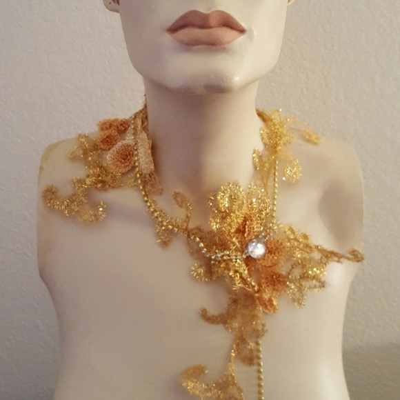 Gold & Ivory Lace Crystal Headpiece & Choker